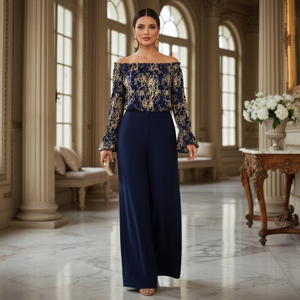 Adrianna Papell Navy & Gold Embroidered Off‑Shoulder Jumpsuit – Size 10 – NWT
